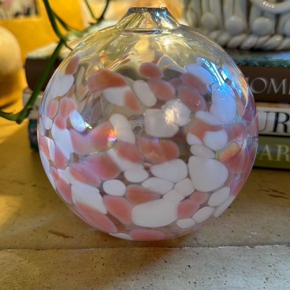 California Glass Studio pink and white hand blown iridescent ball. - Picture 1 of 4
